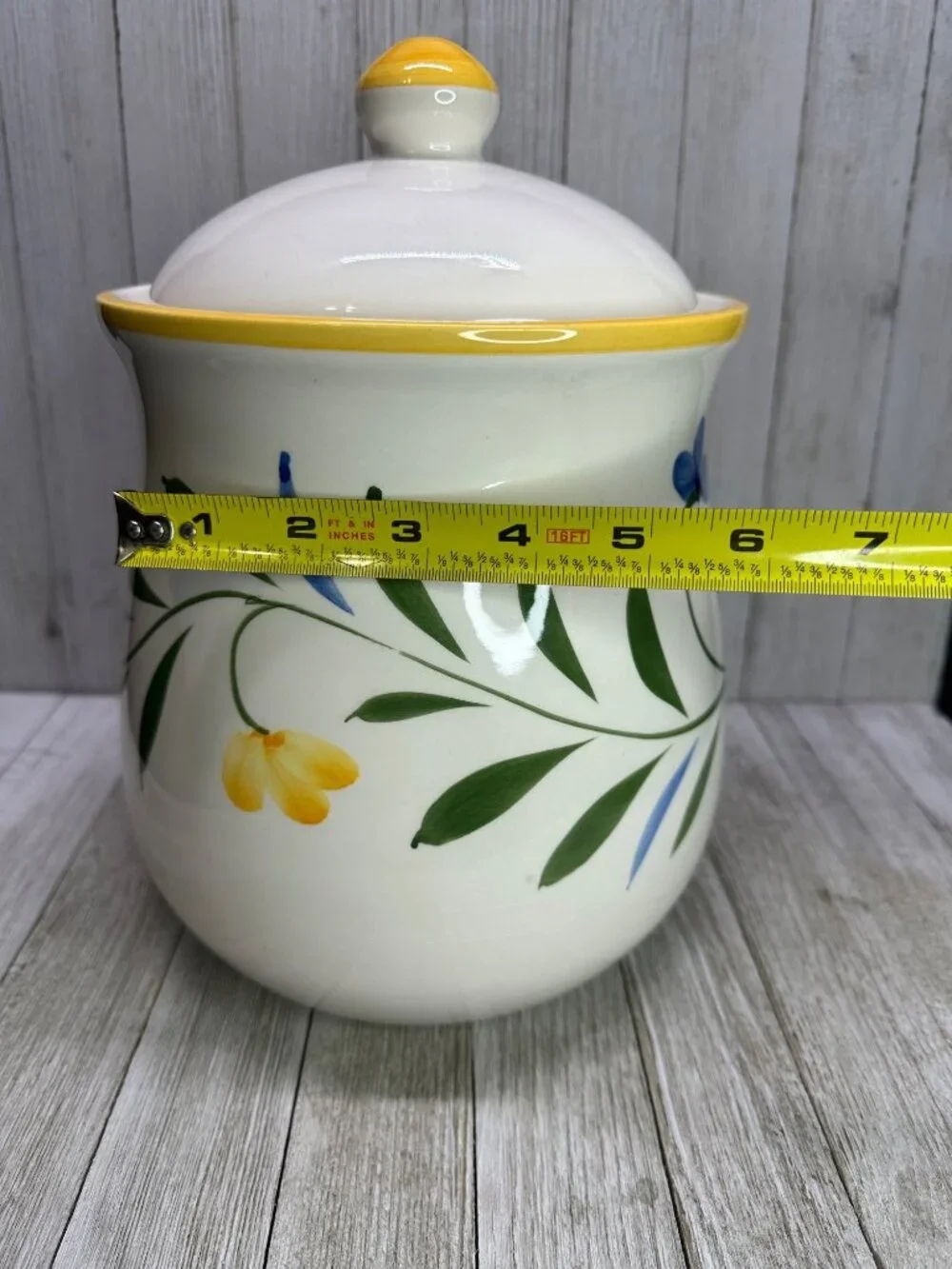 Vtg Floral Painted Cookie Jar Ivy Ceramic Container w/ Lid 10.5